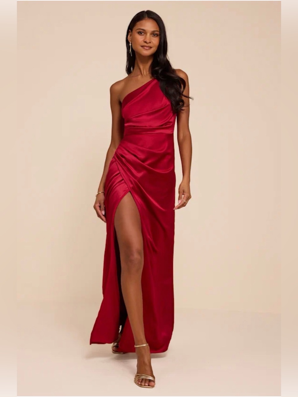NWT Lulu's Dreaming of Ellegance One-Shoulder Satin Wine Red Gown with slit